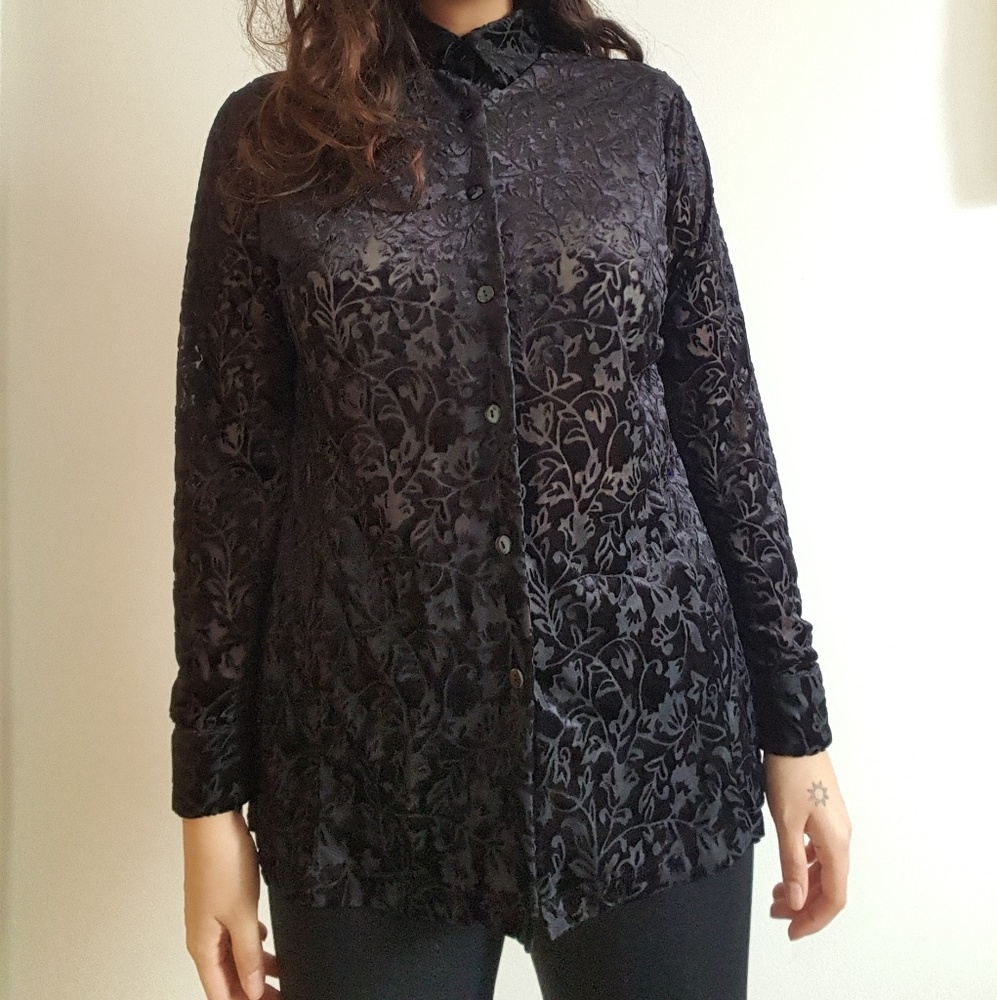 Black Floral Velvet Button Up